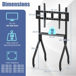"Costway Mobile TV Stand Rolling TV Cart for 43""-100"" Flat/Curved Screens in Black" - thumbnail 2