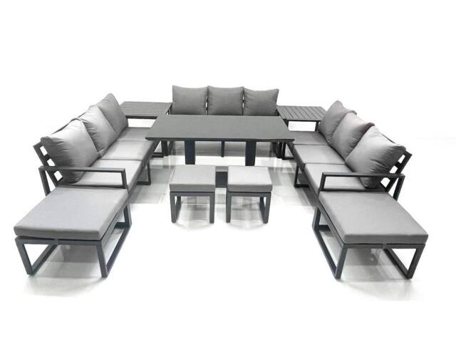Fimous 13 Seater Garden Sofa Set Aluminium Furniture Rising Dining Tabe Set with 2 Side Tables 4 Footstools Dark Grey - image 1