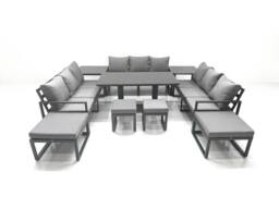 Fimous 13 Seater Garden Sofa Set Aluminium Furniture Rising Dining Tabe Set with 2 Side Tables 4 Footstools Dark Grey - thumbnail 2