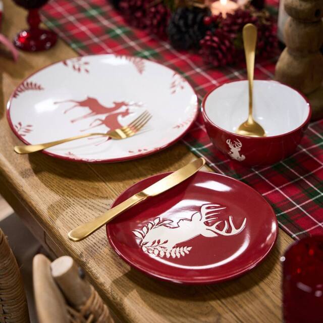 Dibor 6 Piece Red Plates & Bowls Reindeer Christmas Dinner Set 2 Person Christmas Crockery Set - image 1