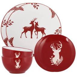 Dibor 6 Piece Red Plates & Bowls Reindeer Christmas Dinner Set 2 Person Christmas Crockery Set - thumbnail 2