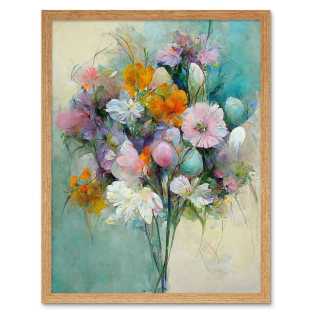 "Artery8 Wall Art Print Watercolour Pink Orange & Teal Spring Flower Bouquet Art Framed in Light Oak - Size: W12"" x H16""" - image 1