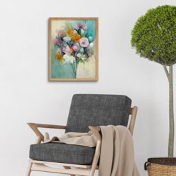 "Artery8 Wall Art Print Watercolour Pink Orange & Teal Spring Flower Bouquet Art Framed in Light Oak - Size: W12"" x H16""" - thumbnail 2
