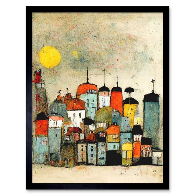 "Artery8 Wall Art Print Mid Day Sun Town Skyline Art Framed in Black - Size: W12"" x H16""" - image 1