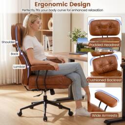 Gymax Upholstered Office Chair Wide Tufted Seat Rolling Swivel Task Chair in Brown - thumbnail 4
