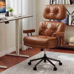 Gymax Upholstered Office Chair Wide Tufted Seat Rolling Swivel Task Chair in Brown - thumbnail 8