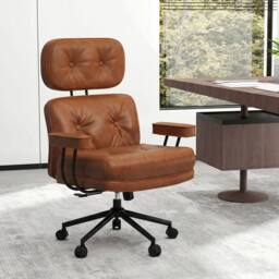 Gymax Upholstered Office Chair Wide Tufted Seat Rolling Swivel Task Chair in Brown - thumbnail 1