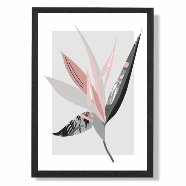 ARTZE Tropical Flower Grey & Pink Boho Botanical Framed Print SIZE: A4 with Black Frame - image 1