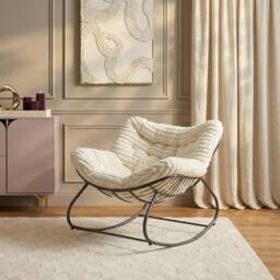 OHS Ribbed Faux Fur Rocking Chair Upholstered Metal Frame Cushioned in Cream