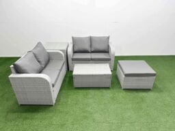 Fimous 5 Seater Outdoor Love Sofa Set Rattan Garden Furniture Set with Rectangular Coffee Table Big Footstool Side Table Light Grey - thumbnail 2