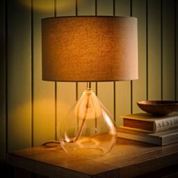 ValueLights Eloise Natural Linen Drum Shade Clear Glass Teardrop Table Lamp with LED Bulb