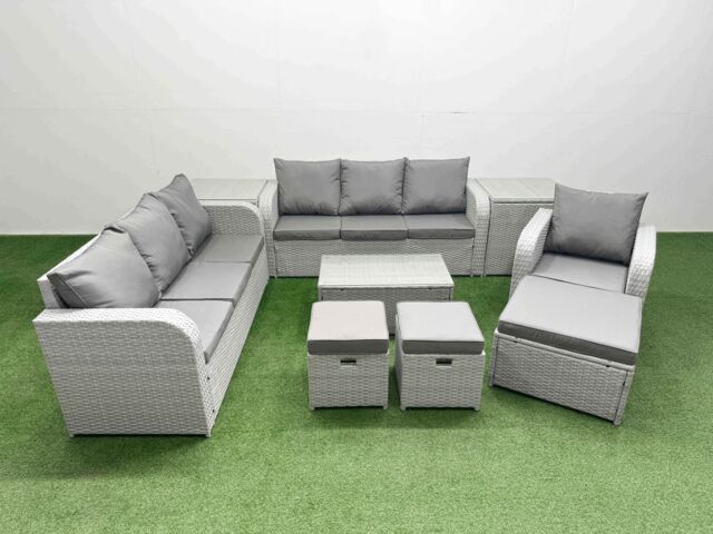 Fimous 10 Seater Poly Rattan Outdoor Garden Furniture Sofa Set Patio 3 Seater Sofa Reclining Chair 3 Seater Sofa 3 Stools 2 Side Table Light Grey - image 1