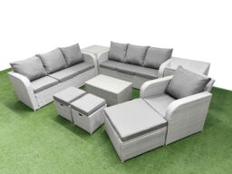 Fimous 10 Seater Poly Rattan Outdoor Garden Furniture Sofa Set Patio 3 Seater Sofa Reclining Chair 3 Seater Sofa 3 Stools 2 Side Table Light Grey - thumbnail 2