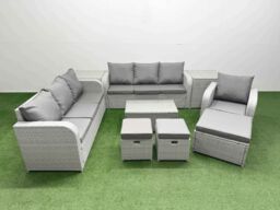 Fimous 10 Seater Poly Rattan Outdoor Garden Furniture Sofa Set Patio 3 Seater Sofa Reclining Chair 3 Seater Sofa 3 Stools 2 Side Table Light Grey - thumbnail 1