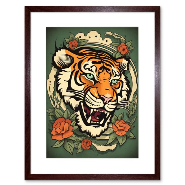 "Artery8 Wall Art Print Floral Tiger Head Old School USA Tattoo Ink Body Rockabilly Americana 50s Artwork Framed 9X7 Inch in Brown - Size: W7"" x H9""" - image 1