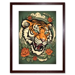 "Artery8 Wall Art Print Floral Tiger Head Old School USA Tattoo Ink Body Rockabilly Americana 50s Artwork Framed 9X7 Inch in Brown - Size: W7"" x H9""" - thumbnail 1