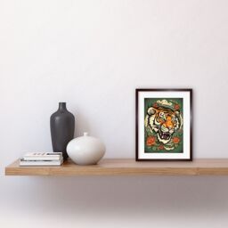 "Artery8 Wall Art Print Floral Tiger Head Old School USA Tattoo Ink Body Rockabilly Americana 50s Artwork Framed 9X7 Inch in Brown - Size: W7"" x H9""" - thumbnail 2