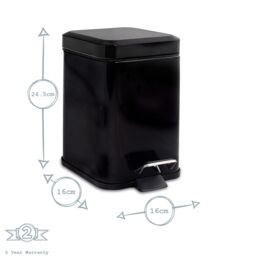 Harbour Housewares Square Bathroom Pedal Bin - 3L Stainless Steel Slim Rubbish Dustbin in Black - thumbnail 3