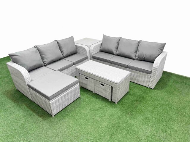 Fimous Outdoor Garden Furniture Sets 9 Seater Wicker Rattan Furniture Sofa Sets w/ Oblong Coffee Table high Back Lounge Sofa 3 Stools Side Table - image 1