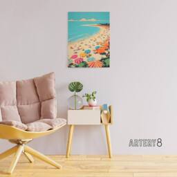 "Artery8 Sea Cove Busy Beach Coastal Landscape Canvas Wall Art Print in Blue - Size: W18"" x H24""" - thumbnail 3