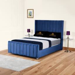 UK Bed Furniture Empire Winged Slatted Base Upholstered Bed with 48 Inch Headboard in Blue - Size: Small Double - thumbnail 1