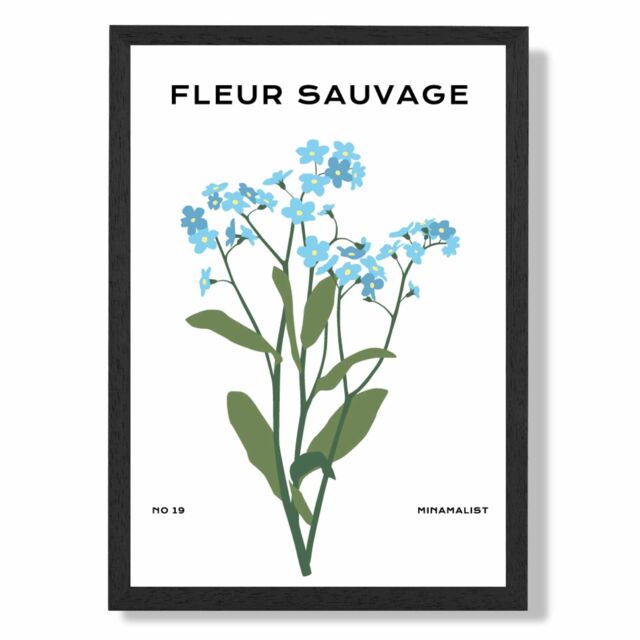 ARTZE Blue Forget Me Not Flower Market Minimalist Framed Print SIZE: A3 with Black Frame in Mid Blue - Size: A4 - image 1