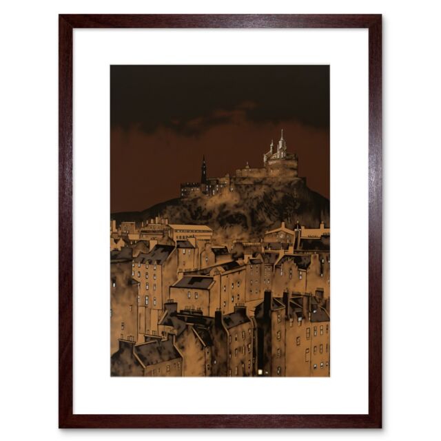 "Artery8 Wall Art Print Edinburgh Castle Over Old Town Cityscape at Night Artwork Framed 9X7 Inch in Brown - Size: W7"" x H9""" - image 1
