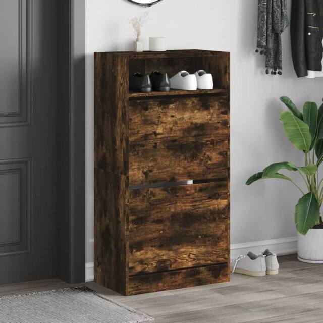 Berkfield Home Shoe Cabinet Smoked Oak 60x34x116 Engineered Wood in Brown - image 1