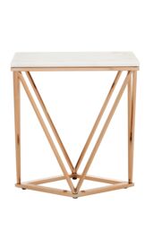 Orsina Champagne Finish End Table With Rose Gold Legs, White Marble Top Side Table, Modern Prismatic Bedside Table