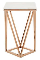 Orsina Champagne Finish End Table With Rose Gold Legs, White Marble Top Side Table, Modern Prismatic Bedside Table - thumbnail 3