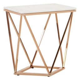 Orsina Champagne Finish End Table With Rose Gold Legs, White Marble Top Side Table, Modern Prismatic Bedside Table - thumbnail 2