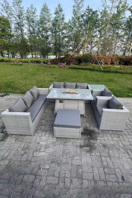 Fimous Rattan Fire Pit Garden Furniture Set Gas Heater Burner Lounge Sofa Dining Set Chairs Footstool in Light Grey - image 1