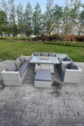 Fimous Rattan Fire Pit Garden Furniture Set Gas Heater Burner Lounge Sofa Dining Set Chairs Footstool in Light Grey - thumbnail 1