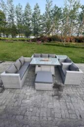 Fimous Rattan Fire Pit Garden Furniture Set Gas Heater Burner Lounge Sofa Dining Set Chairs Footstool in Light Grey - thumbnail 3