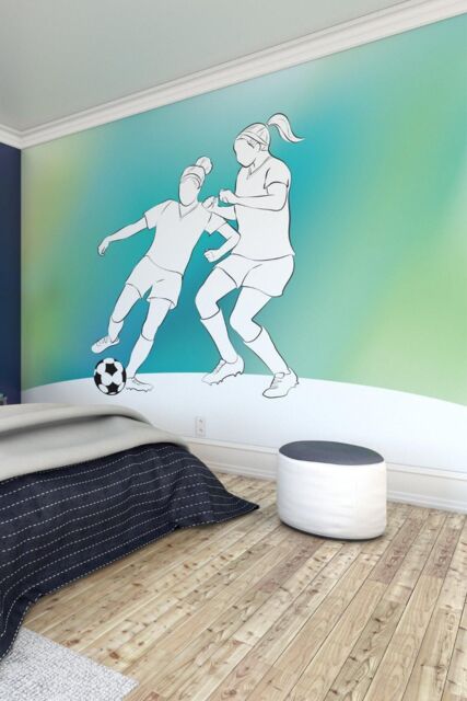Origin Murals Girls Playing Football Wall Mural in Green - Size: W350 cm x H280 cm - image 1