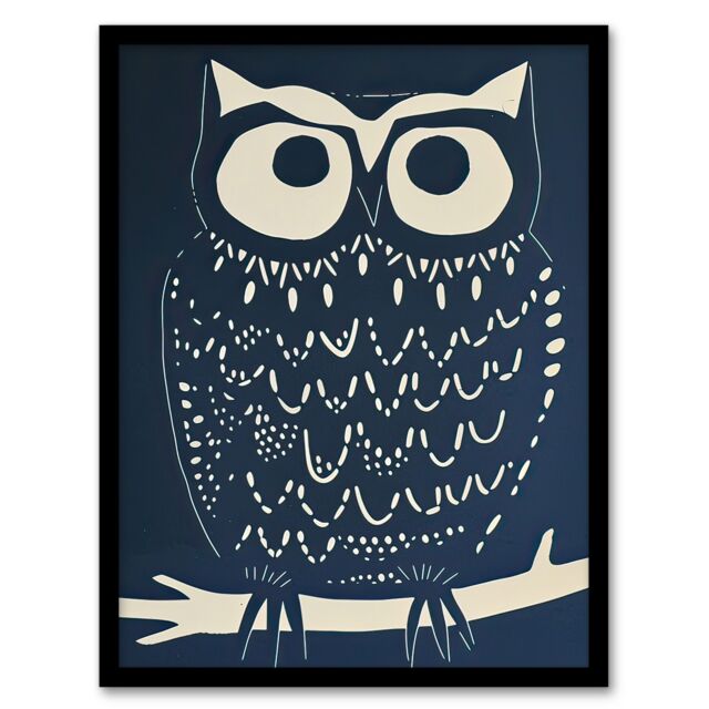 Artery8 Owl Bird Simple White Blue Block Print Design Framed Art Print in Dark Blue - Size: A4 - image 1