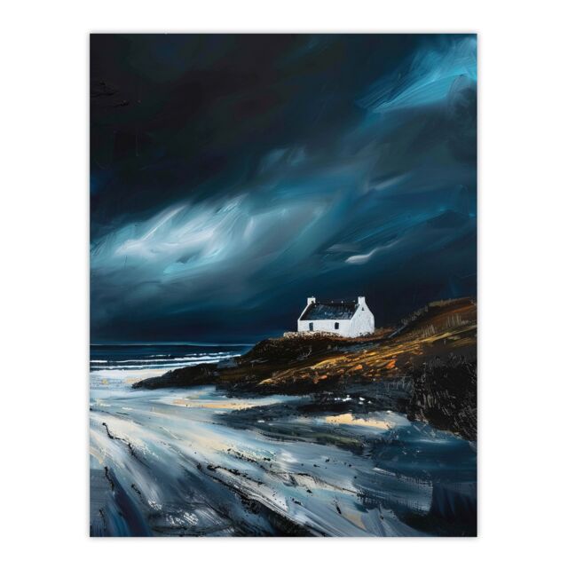 "Artery8 Scottish Isle Cottage Oil Painting Stormy Coastal Wall Art Print in Blue - Size: W24"" x H32""" - image 1