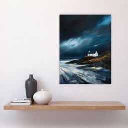 "Artery8 Scottish Isle Cottage Oil Painting Stormy Coastal Wall Art Print in Blue - Size: W24"" x H32""" - thumbnail 4