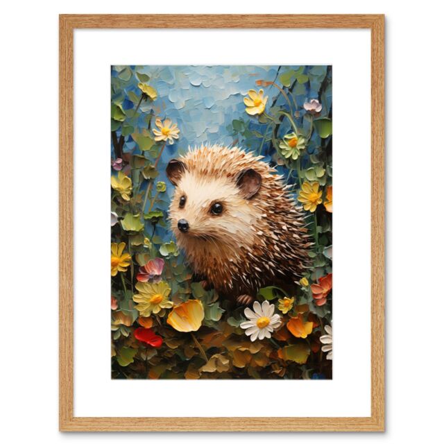 Artery8 Wall Art Print Hedgehog Wildflower Meadow Thick Paint Oil Painting Kids Bedroom Cute Woodland Creature Artwork Framed 9X7 Inch - image 1