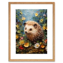 Artery8 Wall Art Print Hedgehog Wildflower Meadow Thick Paint Oil Painting Kids Bedroom Cute Woodland Creature Artwork Framed 9X7 Inch - thumbnail 1