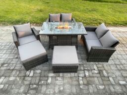 Fimous 7 Seater Rattan Garden Furniture Set Outdoor Lounge Sofa Chair Gas Fire Pit Dining Table Set With 2 Big Footstool Double Seat Sofa Armchiar - thumbnail 1