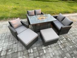 Fimous 7 Seater Rattan Garden Furniture Set Outdoor Lounge Sofa Chair Gas Fire Pit Dining Table Set With 2 Big Footstool Double Seat Sofa Armchiar - thumbnail 2