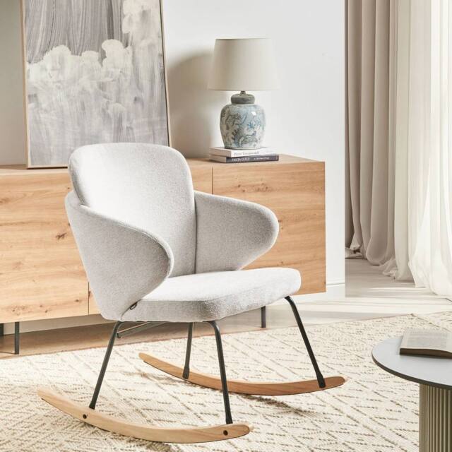 Wyld and Coco Off-White Rocking Chair - Woven Fabric Metal Frame Rubberwood Skates in White - image 1
