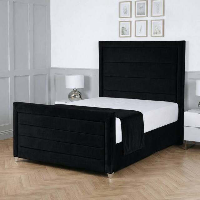 Living Comfort Bedz Selena Plush Velvet Upholstered Bed Slatted Base with 48Inch Headboard in Black - Size: Single - image 1