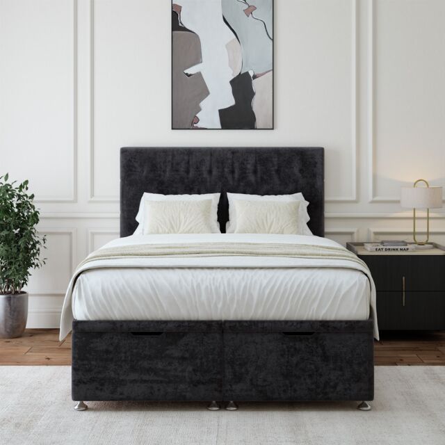 Bedmaster Luxury Velvet Ottoman Divan Base & Button Headboard in Black - Size: Super King - image 1