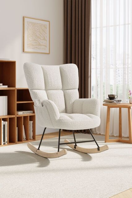 H&O Direct Luxury Sherpa Upholstered Rocking Chair with One Pocket in White - image 1