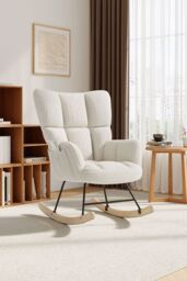 H&O Direct Luxury Sherpa Upholstered Rocking Chair with One Pocket in White