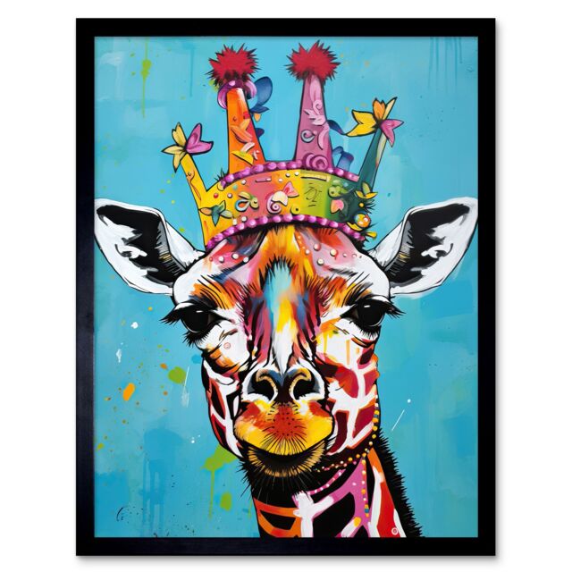 "Artery8 Wall Art Print Giraffe Wearing Princess Crown Modern Folk Art Framed in Black - Size: W12"" x H16""" - image 1