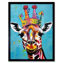 "Artery8 Wall Art Print Giraffe Wearing Princess Crown Modern Folk Art Framed in Black - Size: W12"" x H16""" - thumbnail 1