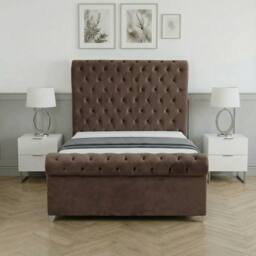 Living Comfort Bedz Regency Sleigh Slatted Base Upholstered Bed with 48 Inch Headboard in Brown - Size: King - thumbnail 2